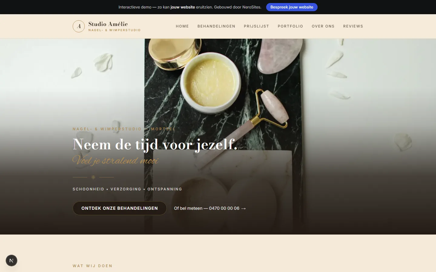 Screenshot van de interactieve demo-website voor Studio Amélie: warm ontwerp met terracotta accenten