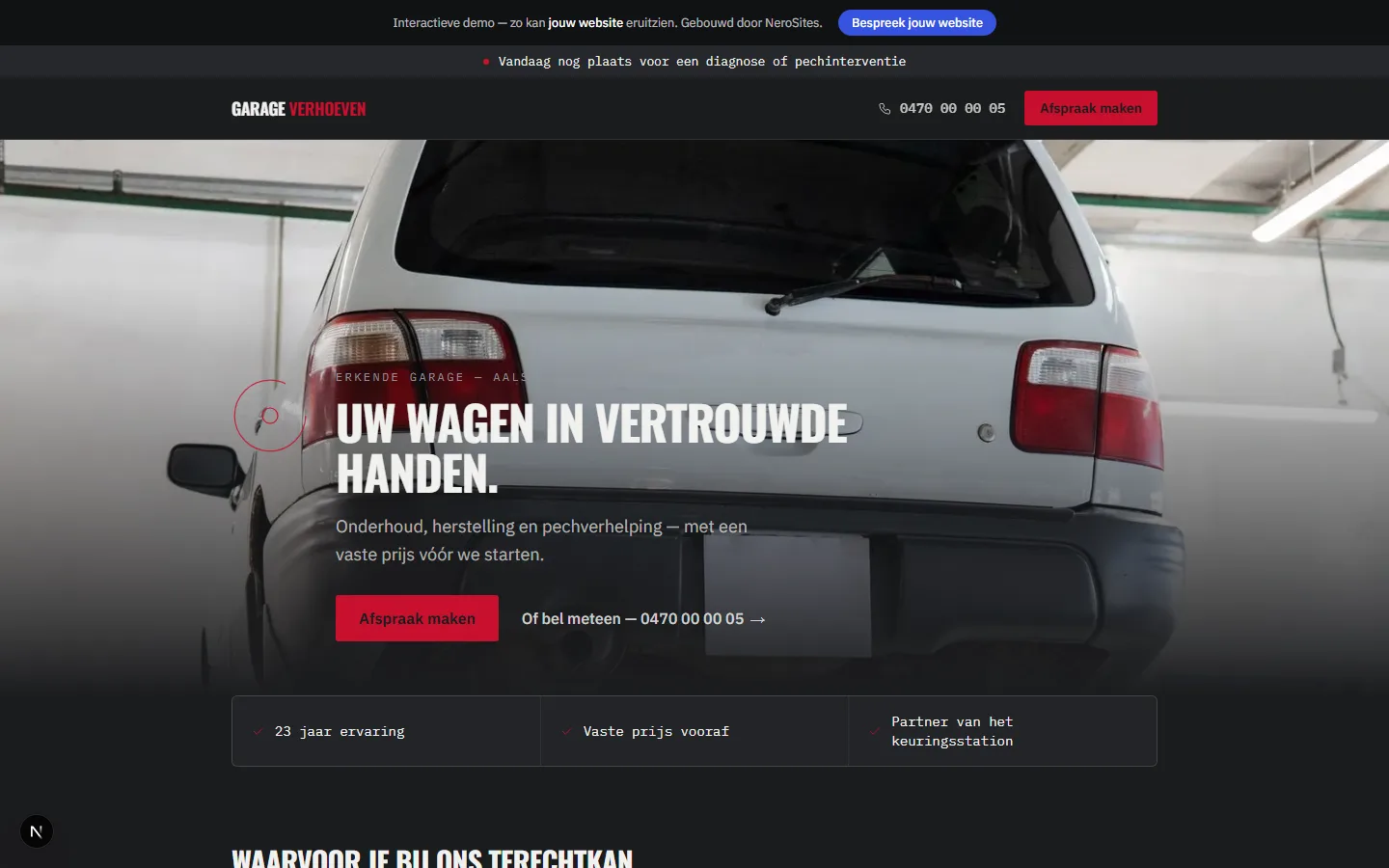 Screenshot van de interactieve demo-website voor Garage Verhoeven: donker, automotive ontwerp met rode accenten