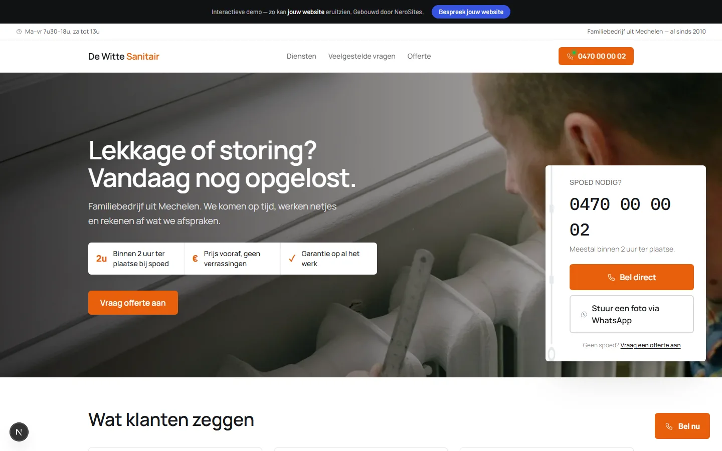Screenshot van de interactieve demo-website voor loodgieter De Witte Sanitair: licht ontwerp met oranje accenten
